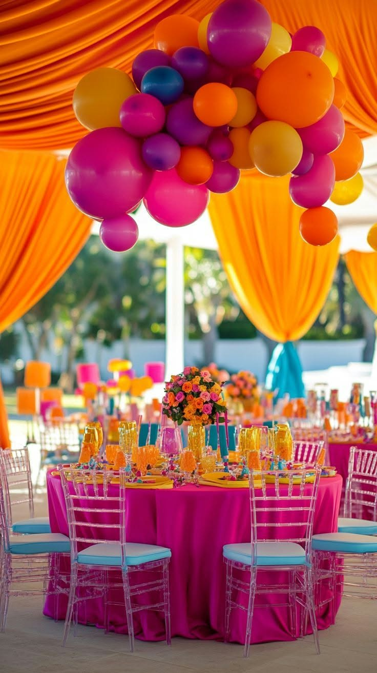 Decoración de evento con globos de colores, flores y mesas preparadas