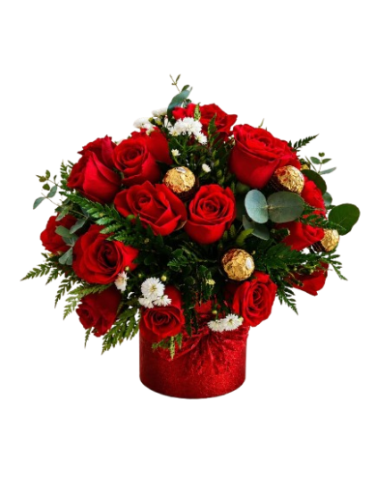 Box Bell de rosas con 12 Ferrero Rocher