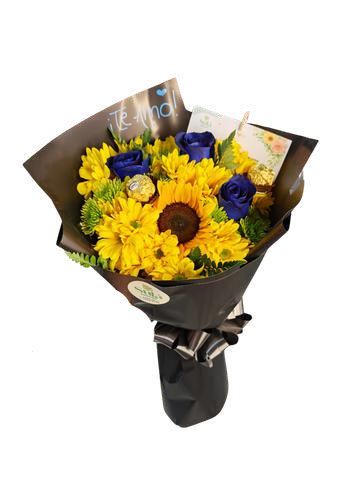 Ramo de 3 rosas tinturadas, 1 girasol y 3 Ferrero Rocher