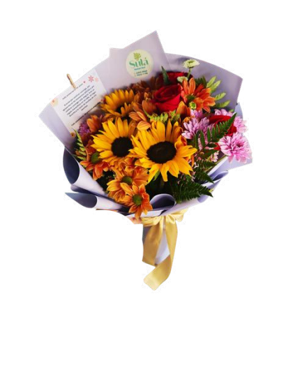 Ramo de 6 flores: 3 rosas y 3 girasoles