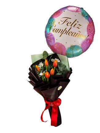 Ramo de 5 tulipanes con globo metálico