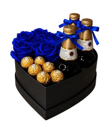 Box de rosas tinturadas con tres cervezas y 6 Ferrero Rocher