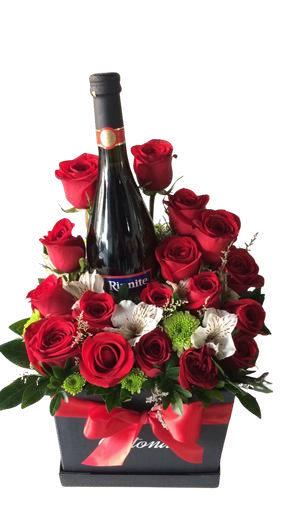 Box de rosas con botella de vino o sidra