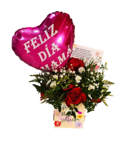 Boxito de rosas, girasol, gerbera o combinado con globo metálico