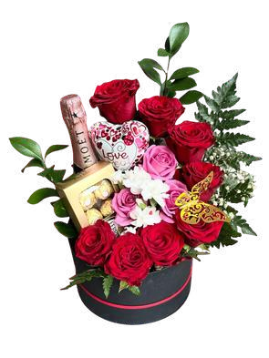 Box de rosas con botella de sidra o vino, Ferrero Rocher y globo metálico