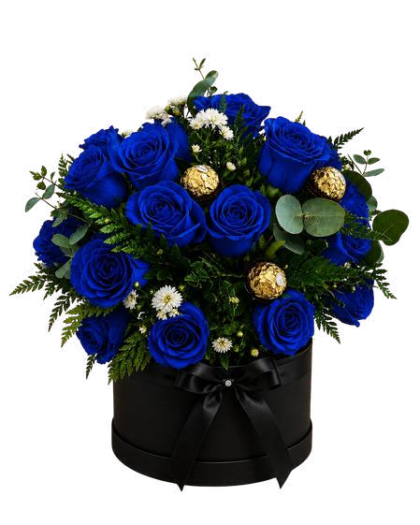 Box Bell de rosas tinturadas con 12 Ferrero Rocher