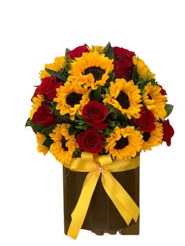 Box Bell de rosas con girasoles