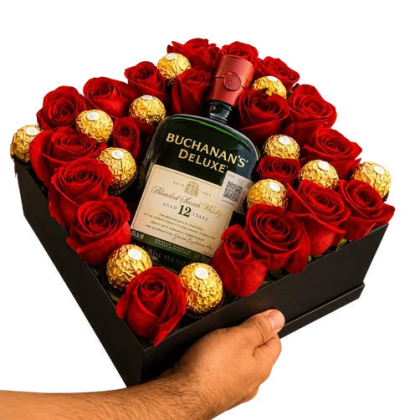 Box de rosas con 12 Ferrero Rocher y botella a elegir