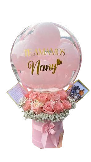 Pink Box con globo burbuja, frase, fotografía, rosas y gypsophila